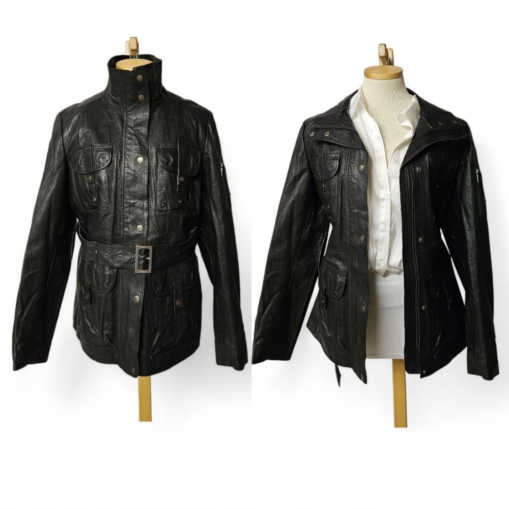 DKNY Leather Military Field Jacket With Leather Belt In Black Size Large